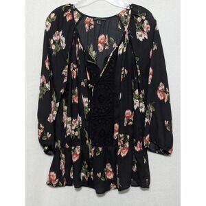 Signature Studio Floral Crochet Lace Blouse Black Pink Boho Peplum Top XL